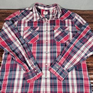 Levi’s Western Pearl Snap Shirt Men’s XXL Plaid Long Sleeve Cowboy 100% Cotton